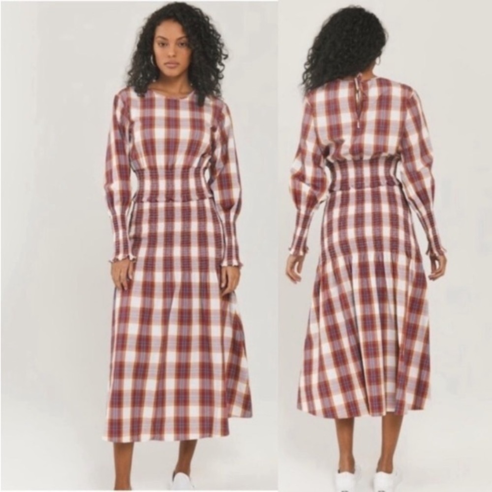Something Navy NWOT Blanche Smocked Plaid Midi Dress Sz Small Classic Summer